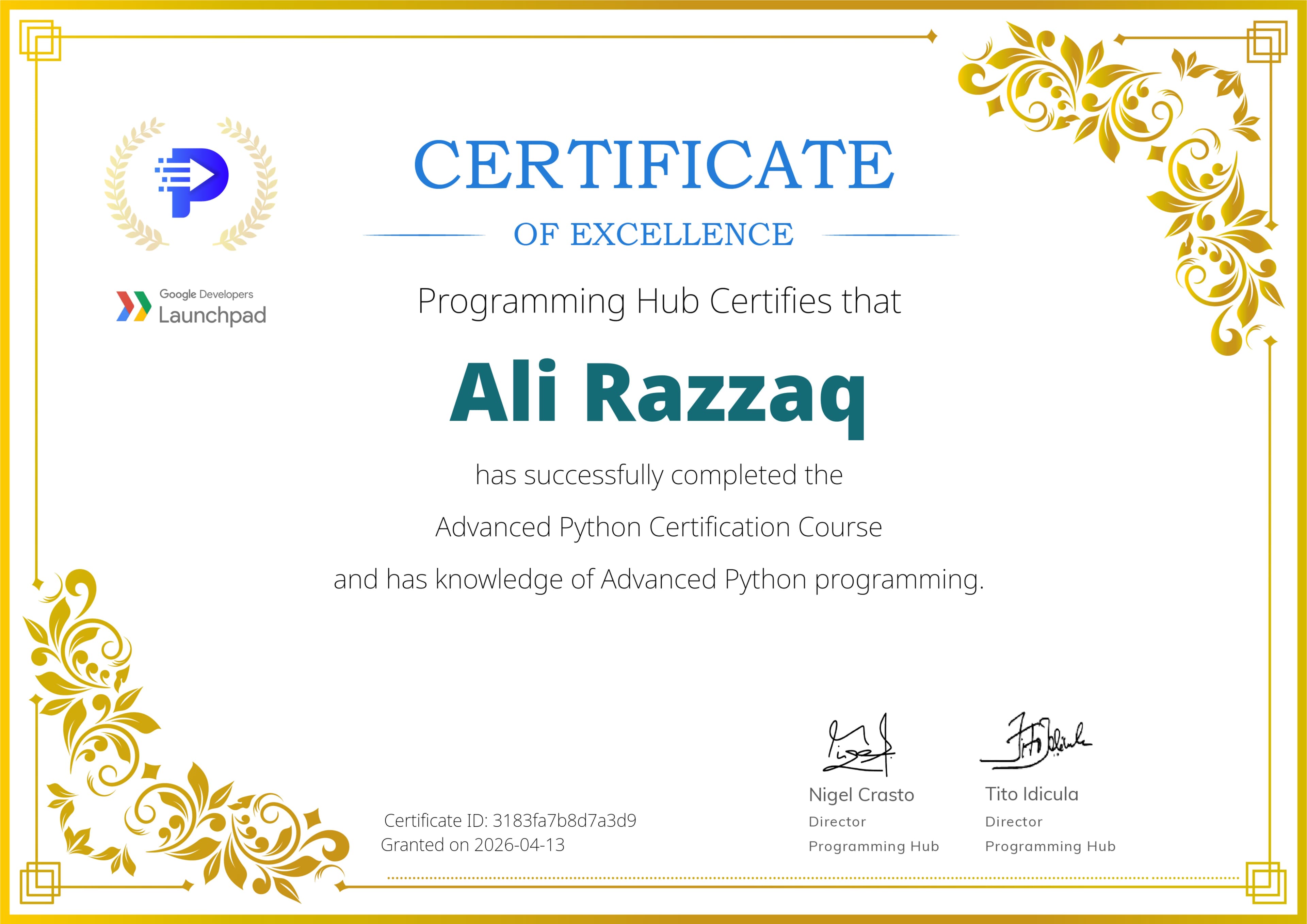 Advanced Python Certification — certificate