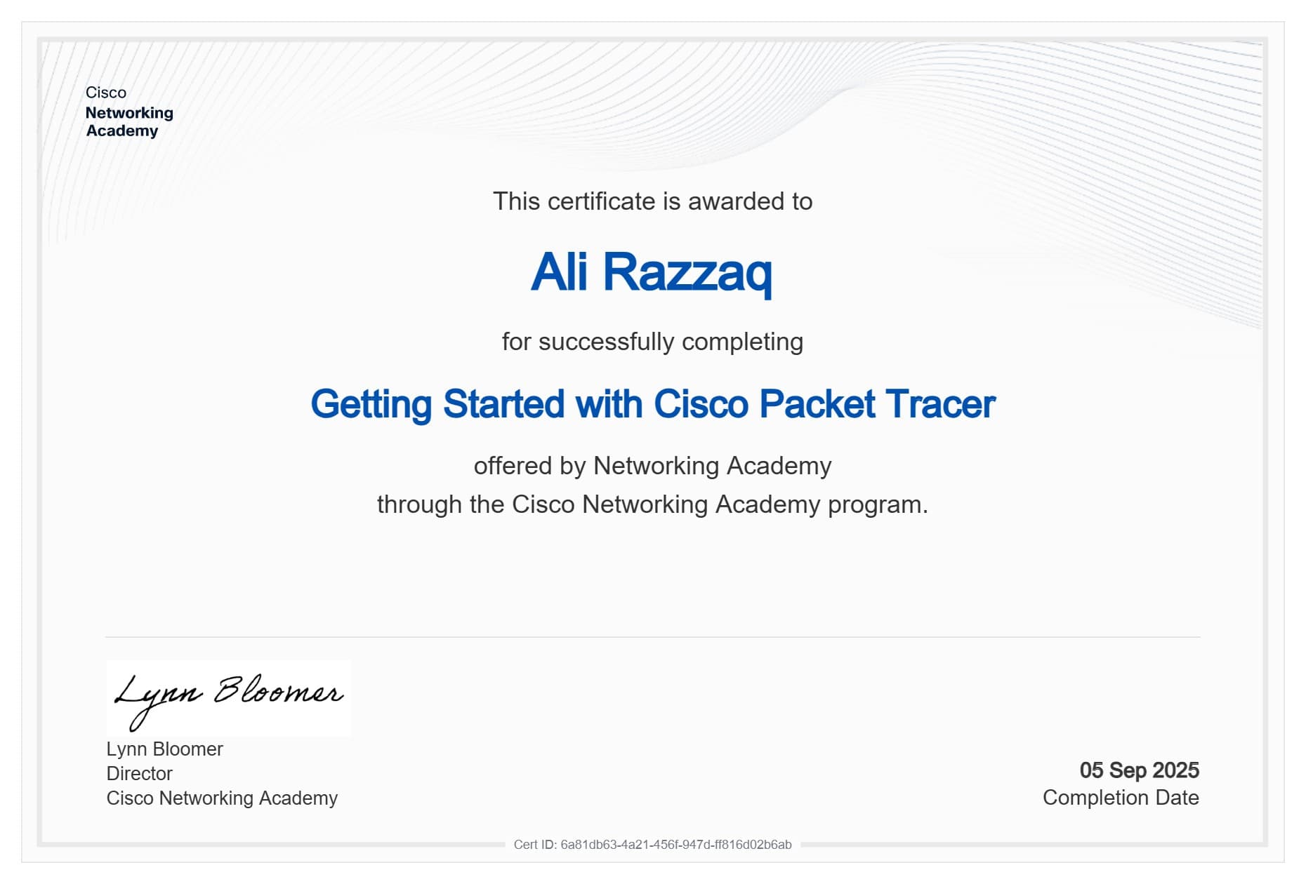 Getting Started with Cisco Packet Tracer — certificate