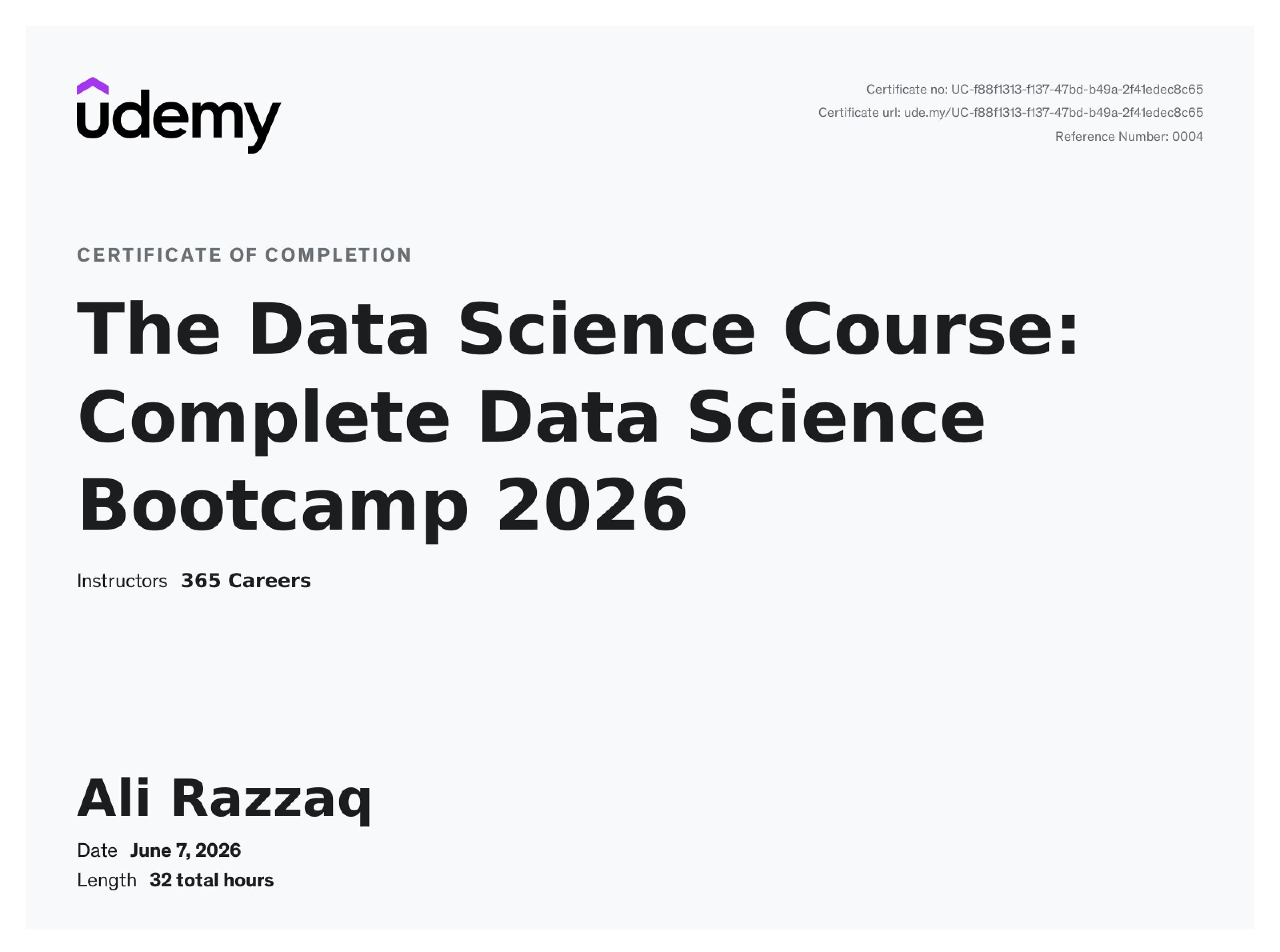 The Data Science Course: Complete Data Science Bootcamp — certificate