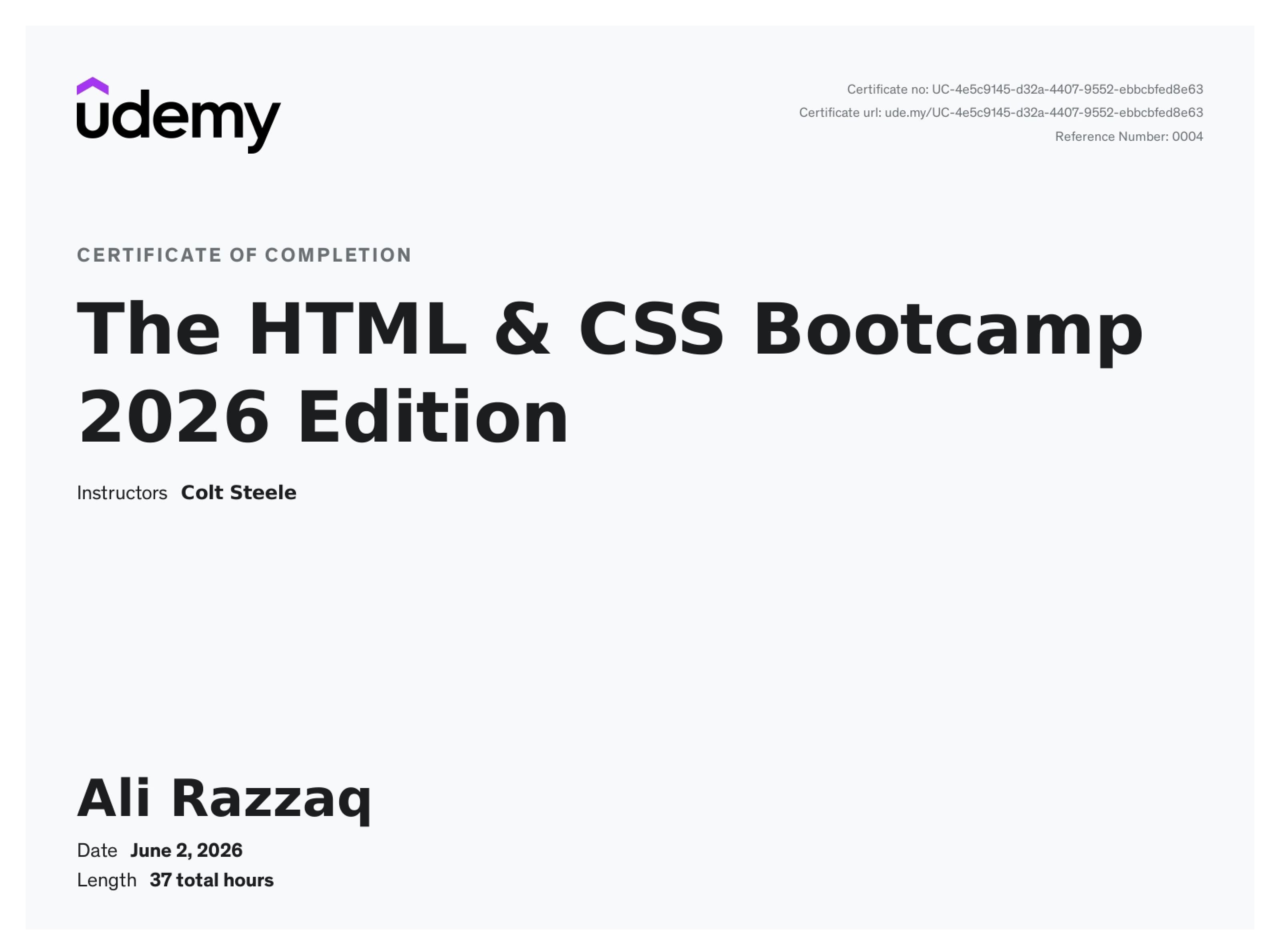 The HTML & CSS Bootcamp — certificate